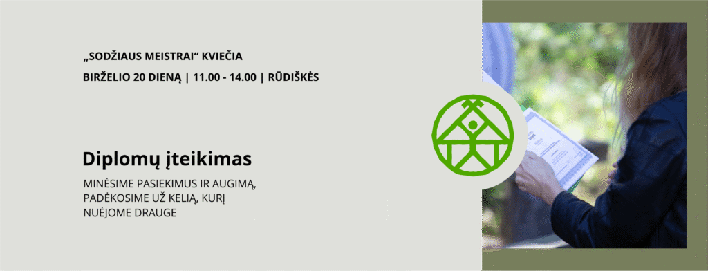 Kvietimo grafika lietuvių kalba į diplomų įteikimo renginį birželio 20 d. Kairėje pusėje pateikta informacija apie renginį ir žalio namelio piktograma; dešinėje pusėje pavaizduotas asmuo, laikantis diplomą ar pažymėjimą lauke.
