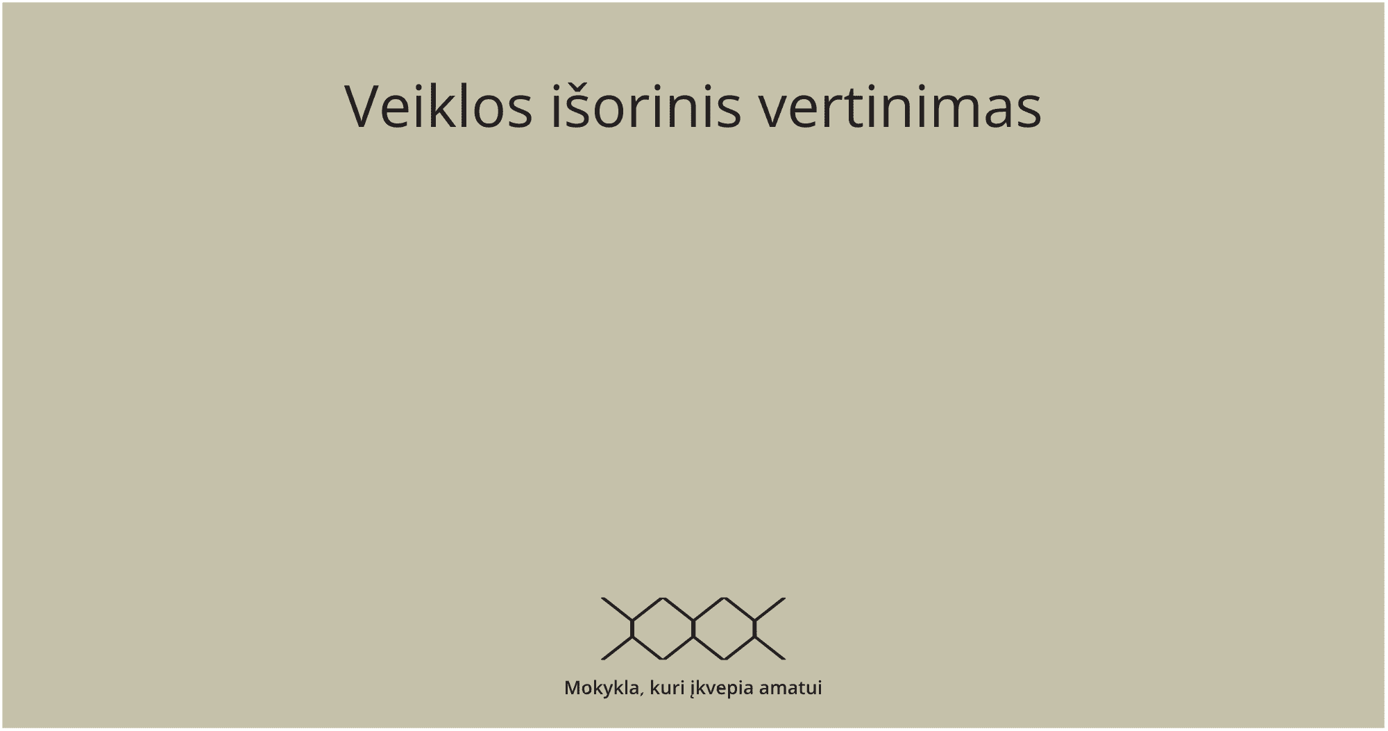 Skaidrė su lietuvišku tekstu „Veiklos išorinis vertinimas“ dideliu šriftu viršuje ir nedideliu logotipu su „Mokykla, kuri įkvepia amatui“ apačioje smėlio spalvos fone.