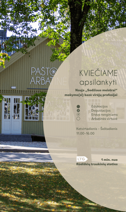 Pašto arbatinė, Rūdiškių Fortūna, Rūdiškės, Sodžiaus Meistrai, edukacijų erdvė, virtuvė, maistas išsinešti,, Šviesiai žalias pastatas su užrašu "PASTO ARBATINE" po žaliuojančiais medžiais. Viršelis kviečia lankytojus į virėjų mokymo bazę, kurioje vyksta edukacijos, degustacijos ir renginiai, dirbančią trečiadieniais-sekmadieniais 11:00-16:00, šalia Radviliškio stoties.