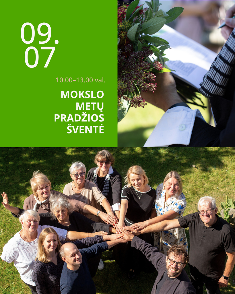Grupė žmonių stovi ratu ant žolės, susikibę už rankų ir šypsodamiesi į kamerą. Viršuje – artimas kadras, kuriame matomos rankos, laikyančios gėles ir popierius. Tekstas lietuvių kalba pateikia informaciją apie renginį.